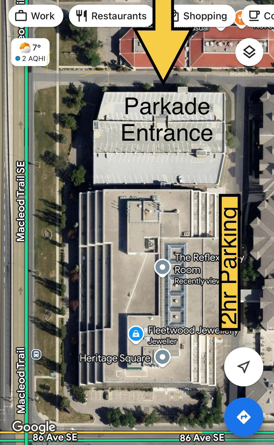 Map of office location in south Calgary Screenshot of Google map image of Heritage Square showing where free parking is available