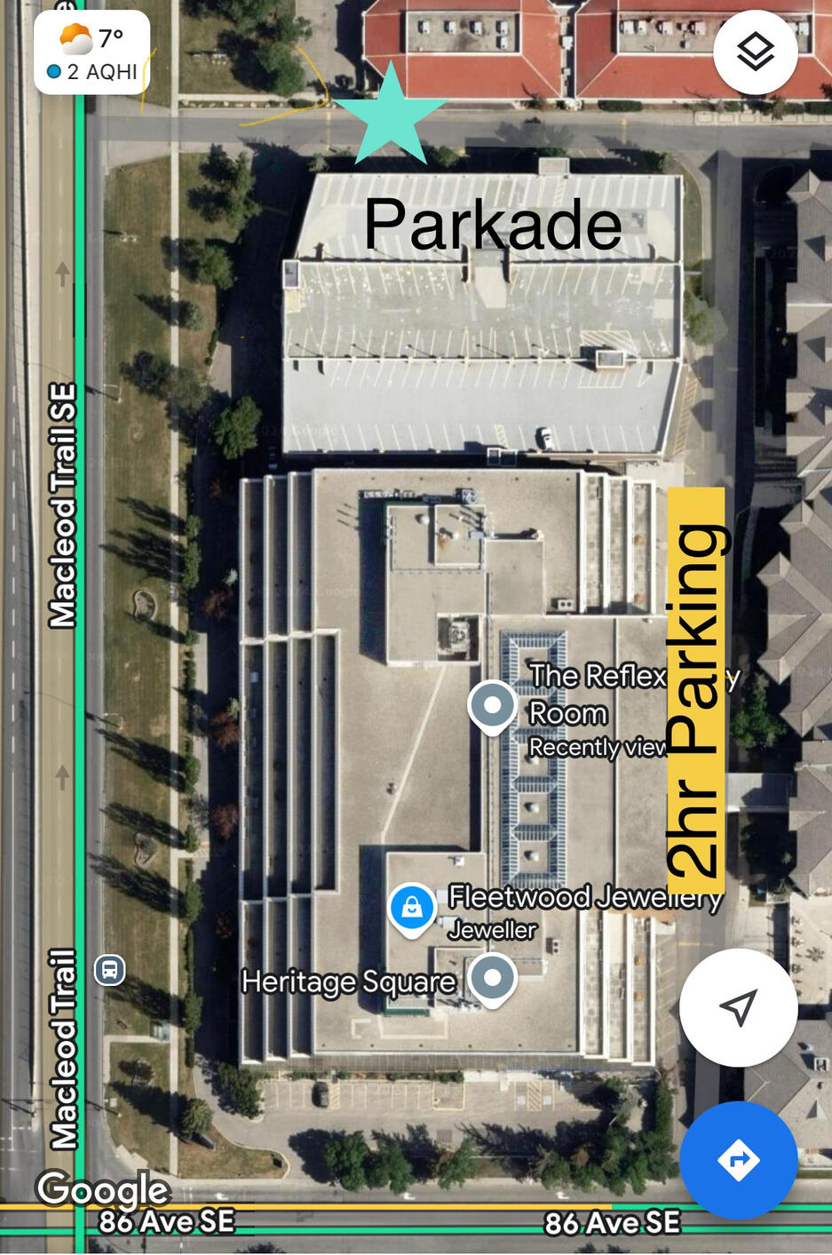 Screenshot of Google map image of Heritage Square showing where free parking is available