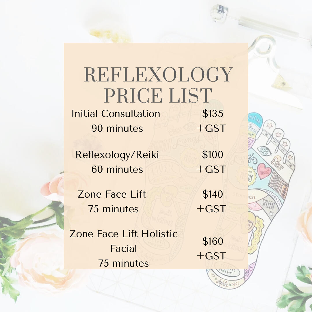 Price List The prices of different reflexology treatments are shown over a background of flowers and a foot reflexology chart.