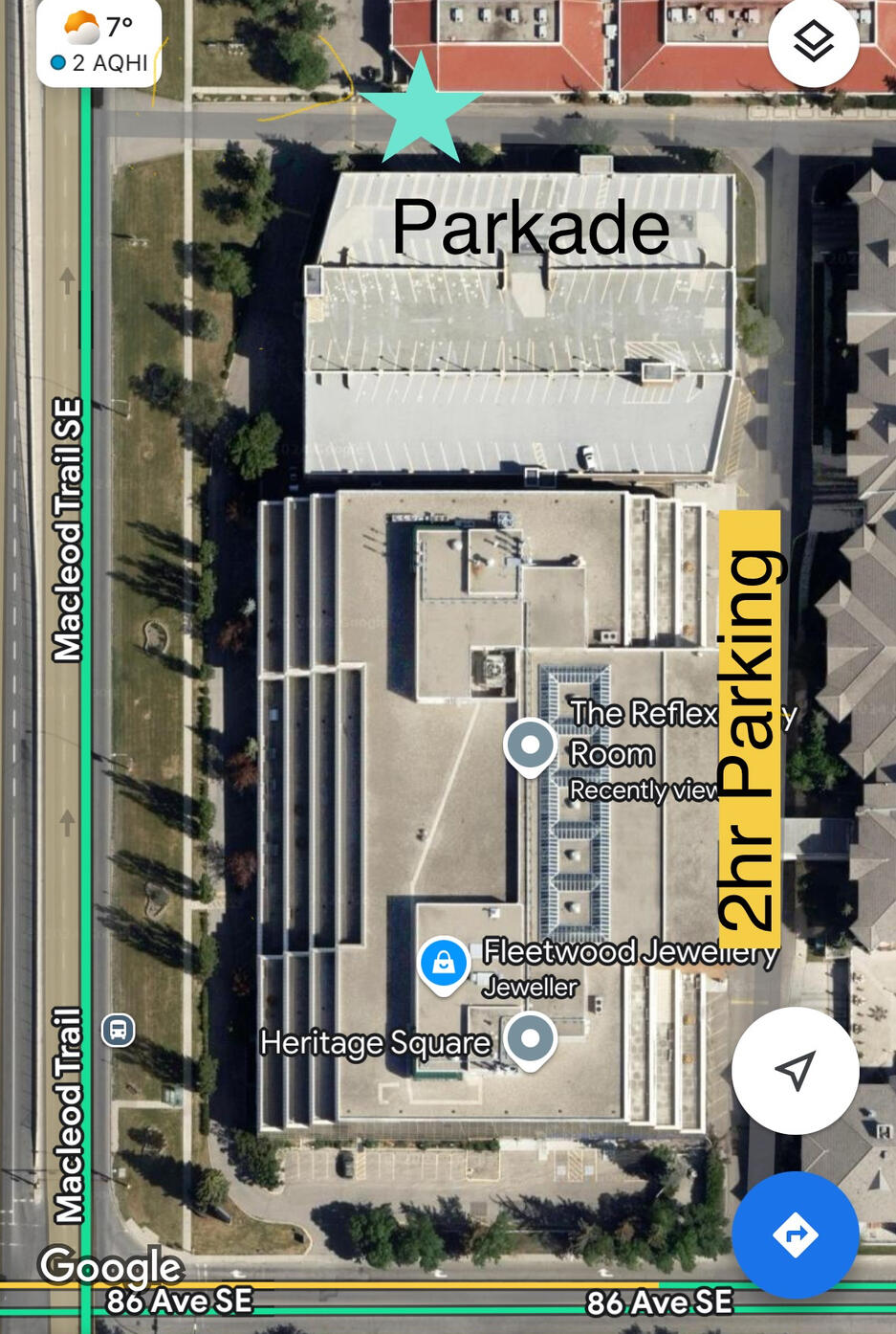 Screenshot of Google map image of Heritage Square showing where free parking is available